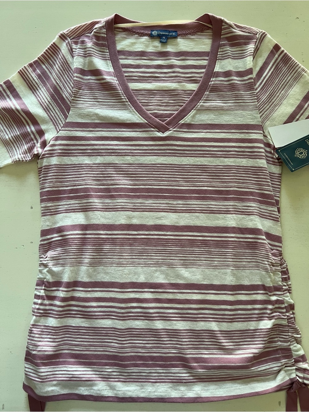 Democracy Mauve and Cream Striped V-Neck Short Sleeve Top